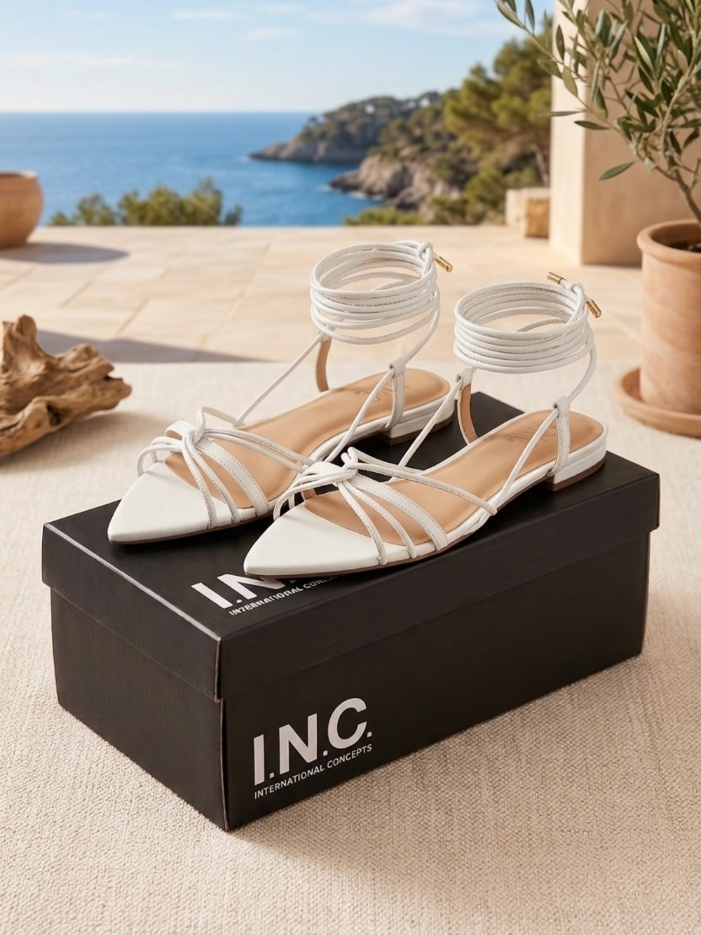INC International Concepts White Strappy Ankle-Tie Pointed Sandals